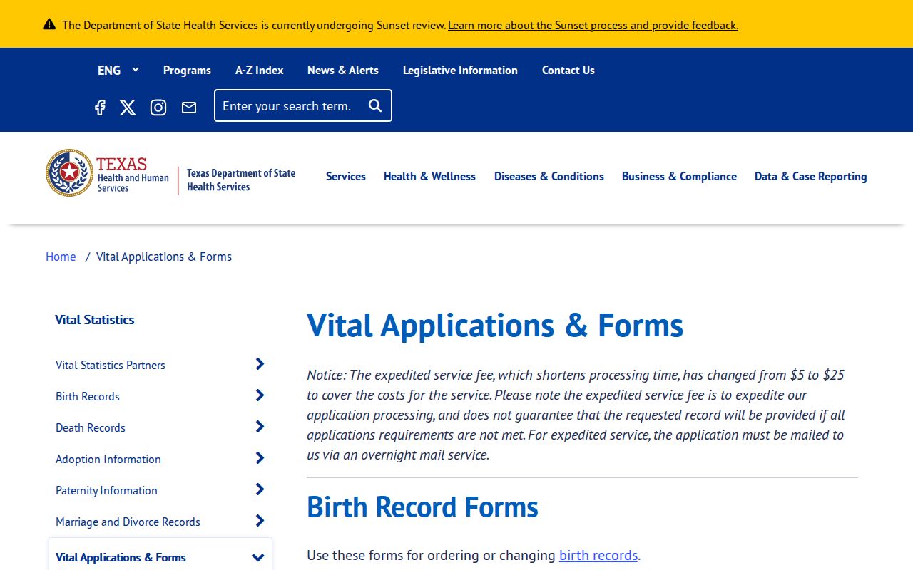 Travis residents directory Texas vital records application forms