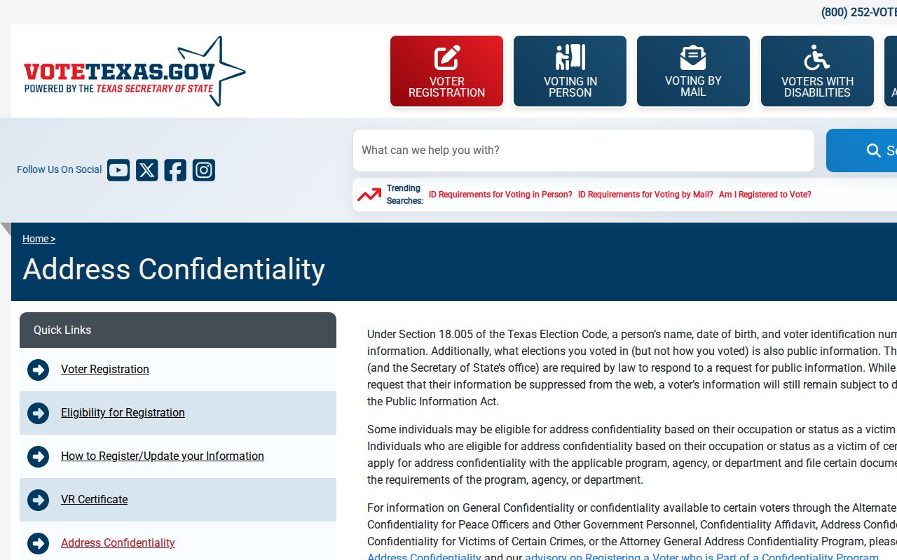 Travis residents directory Texas voter address confidentiality guidance