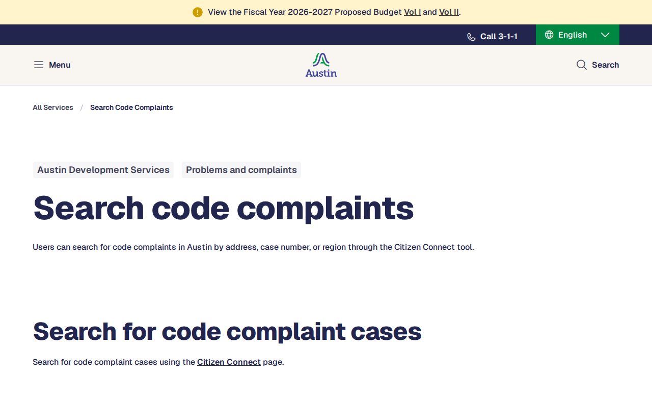 Travis neighbors Austin code complaint search by address and case