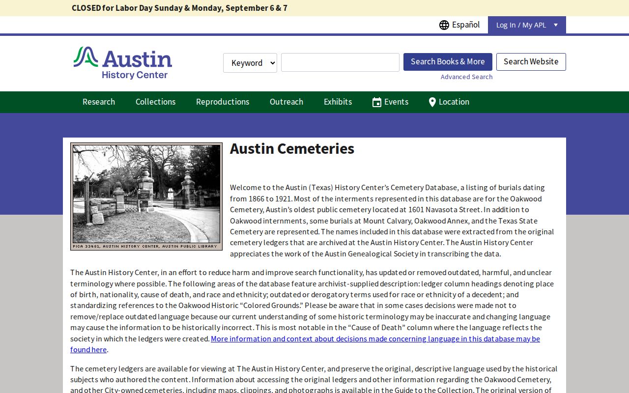 Travis previous residents Austin History Center cemetery ledger database