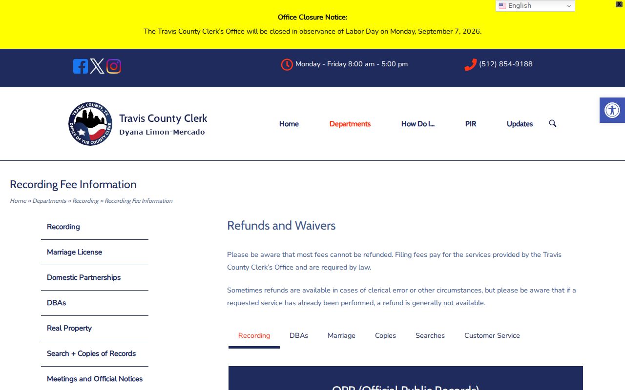 Travis street directory County Clerk recording and certified copy fees